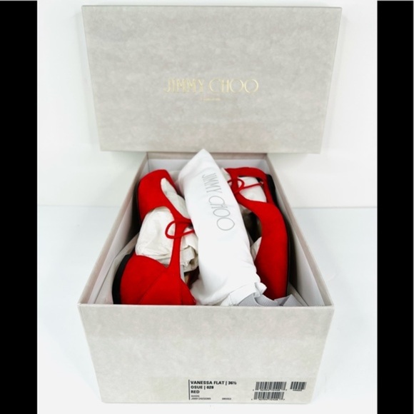 Jimmy Choo Vanessa Flat Red Suede Strap Lace Pointed Toe Ballet Flats Size 36.5 - Picture 2 of 11